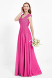 Cap Sleeves Ruched Chiffon Bridesmaid Dress Lace Formal Evening Party Dresses Gowns