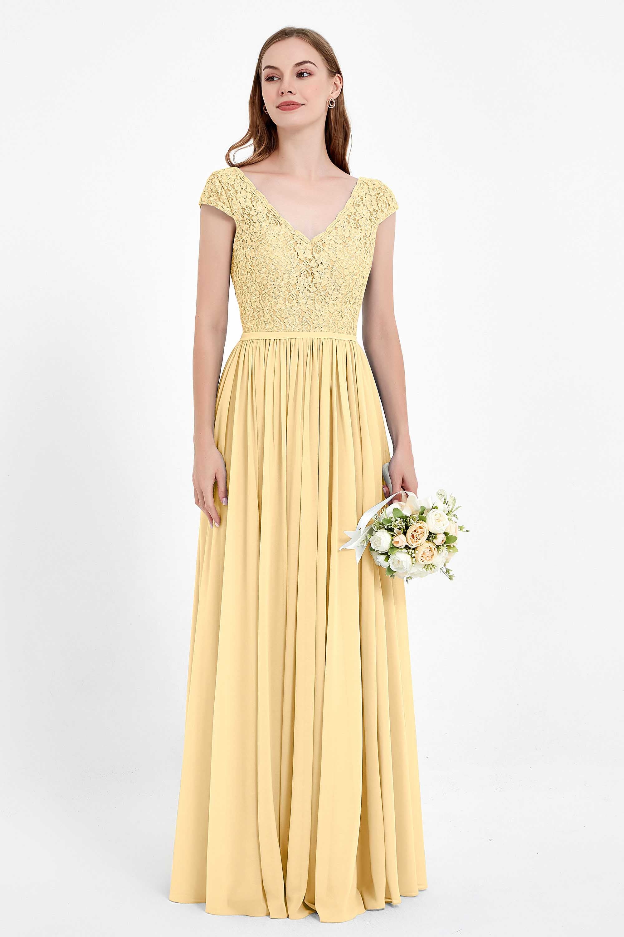 Cap Sleeves Ruched Chiffon Bridesmaid Dress Lace Formal Evening Party Dresses Gowns