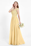 Cap Sleeves Ruched Chiffon Bridesmaid Dress Lace Formal Evening Party Dresses Gowns