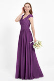 Cap Sleeves Ruched Chiffon Bridesmaid Dress Lace Formal Evening Party Dresses Gowns