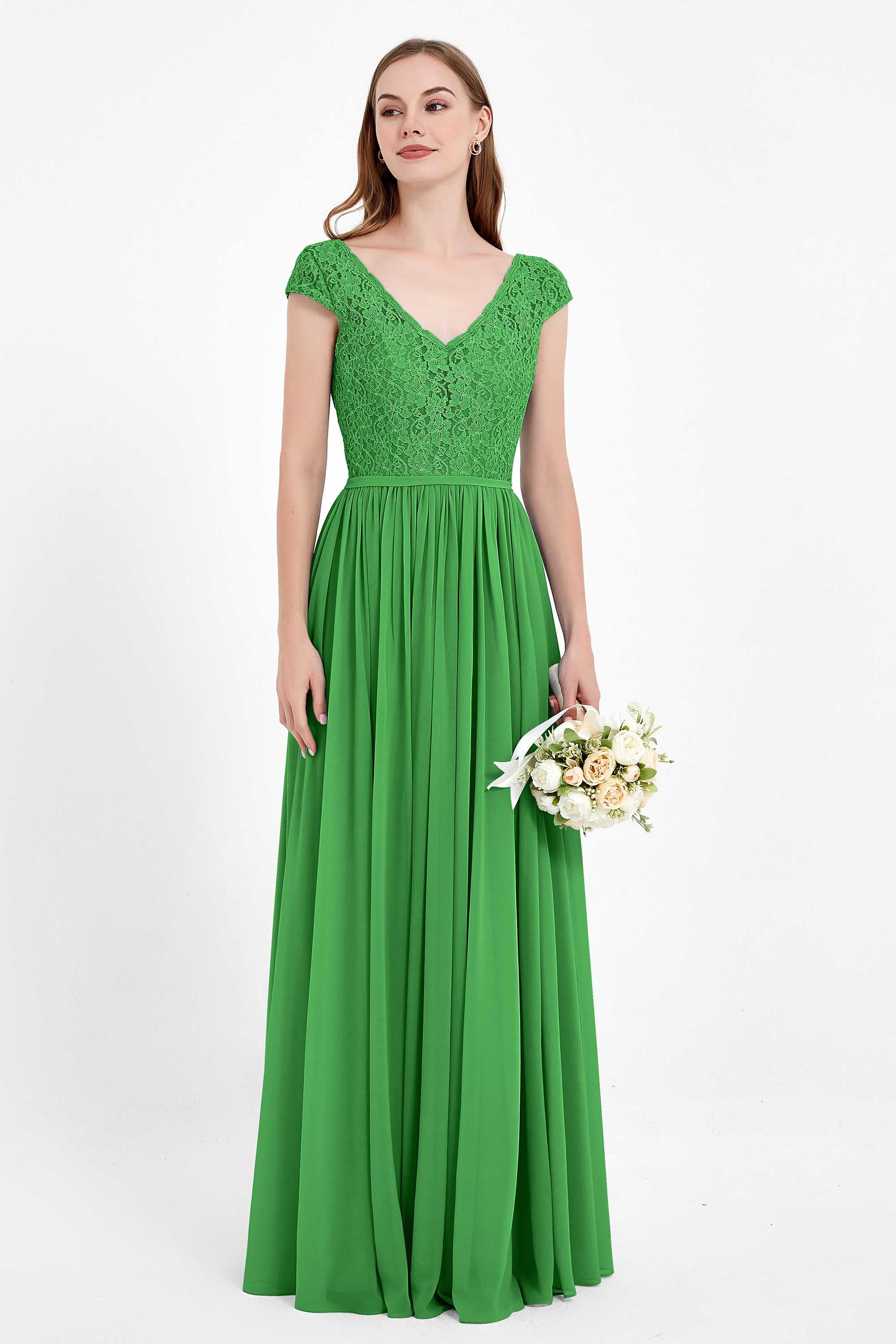 Cap Sleeves Ruched Chiffon Bridesmaid Dress Lace Formal Evening Party Dresses Gowns
