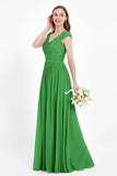 Cap Sleeves Ruched Chiffon Bridesmaid Dress Lace Formal Evening Party Dresses Gowns