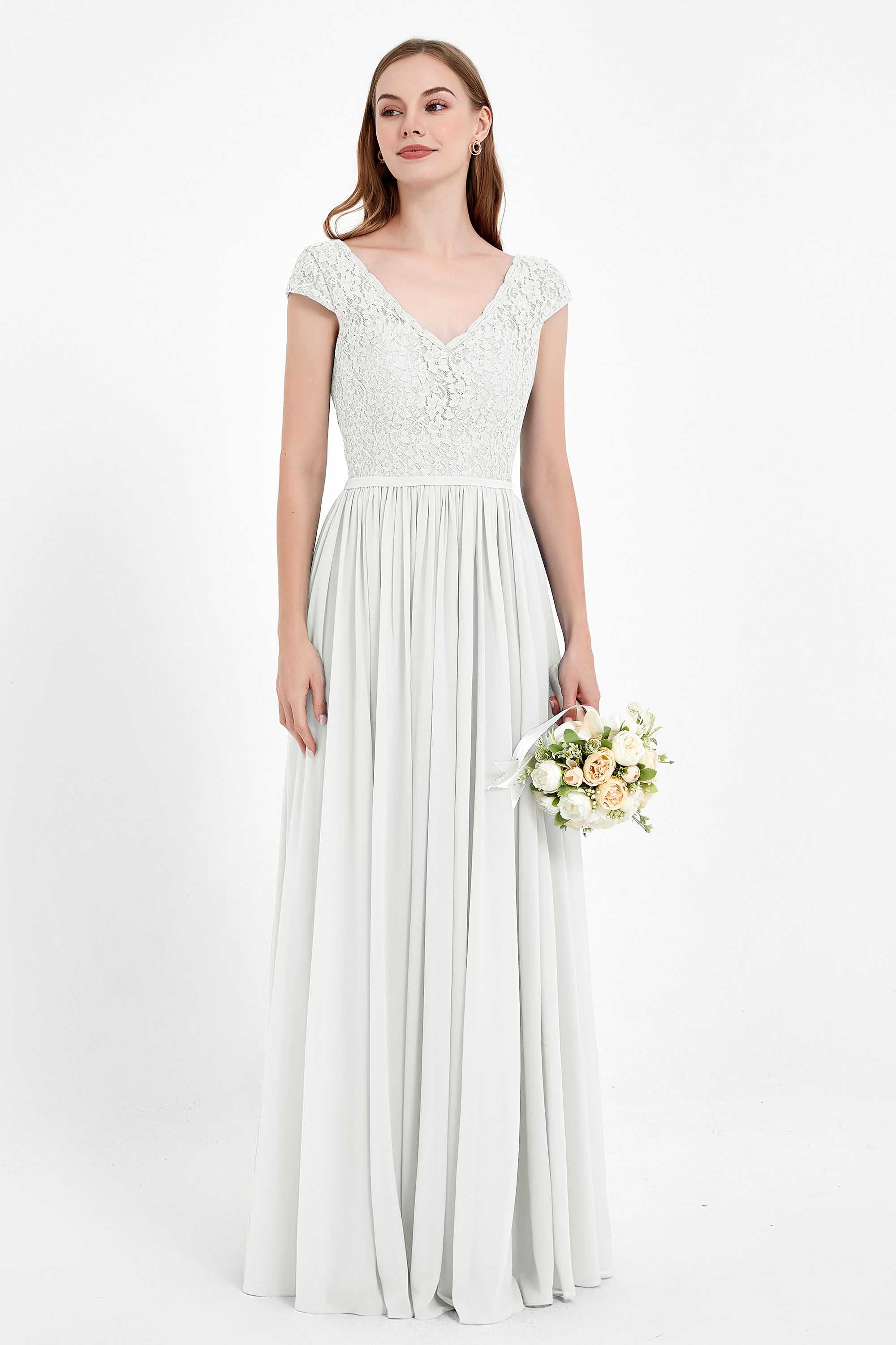 Cap Sleeves Ruched Chiffon Bridesmaid Dress Lace Formal Evening Party Dresses Gowns