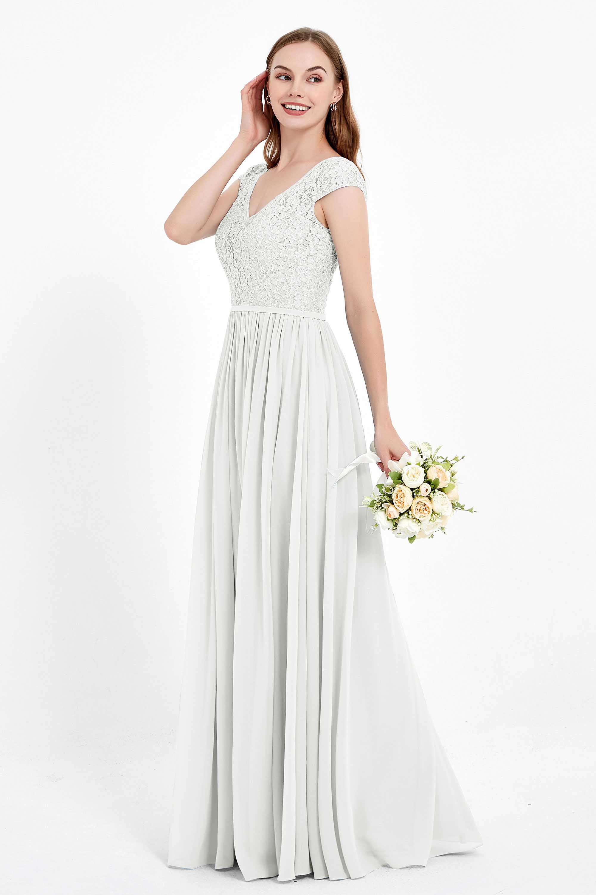 Cap Sleeves Ruched Chiffon Bridesmaid Dress Lace Formal Evening Party Dresses Gowns