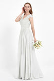 Cap Sleeves Ruched Chiffon Bridesmaid Dress Lace Formal Evening Party Dresses Gowns