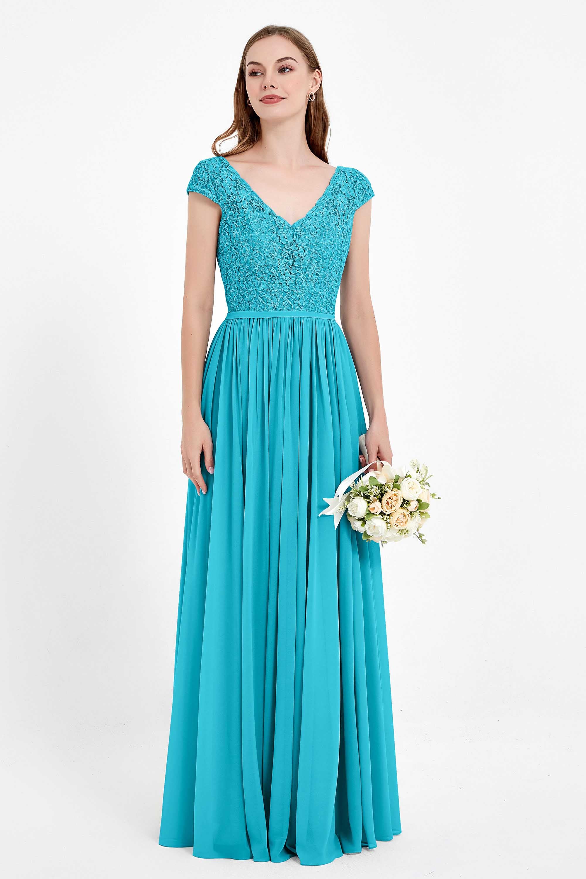 Cap Sleeves Ruched Chiffon Bridesmaid Dress Lace Formal Evening Party Dresses Gowns