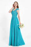 Cap Sleeves Ruched Chiffon Bridesmaid Dress Lace Formal Evening Party Dresses Gowns