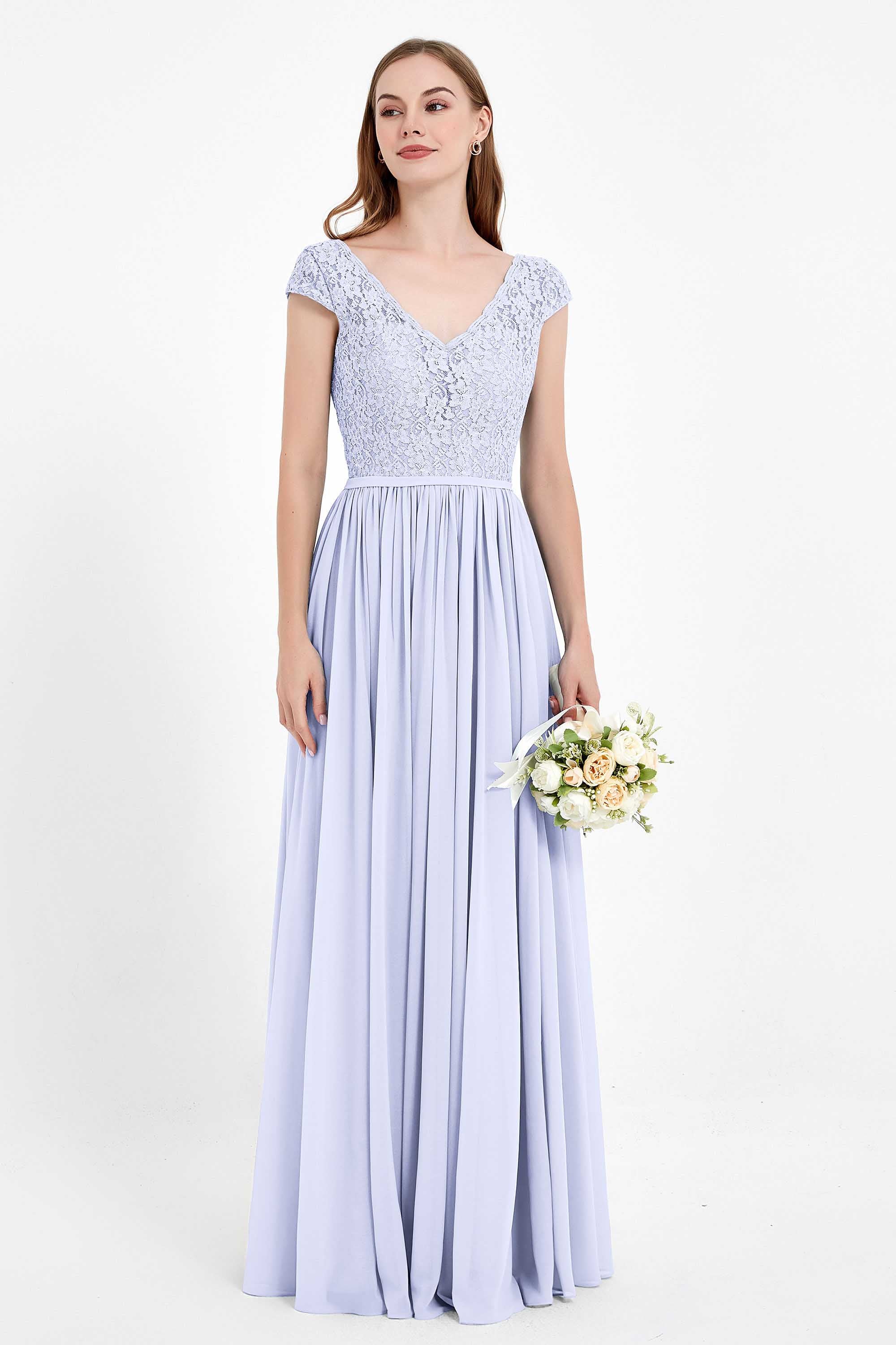 Cap Sleeves Ruched Chiffon Bridesmaid Dress Lace Formal Evening Party Dresses Gowns