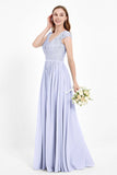 Cap Sleeves Ruched Chiffon Bridesmaid Dress Lace Formal Evening Party Dresses Gowns