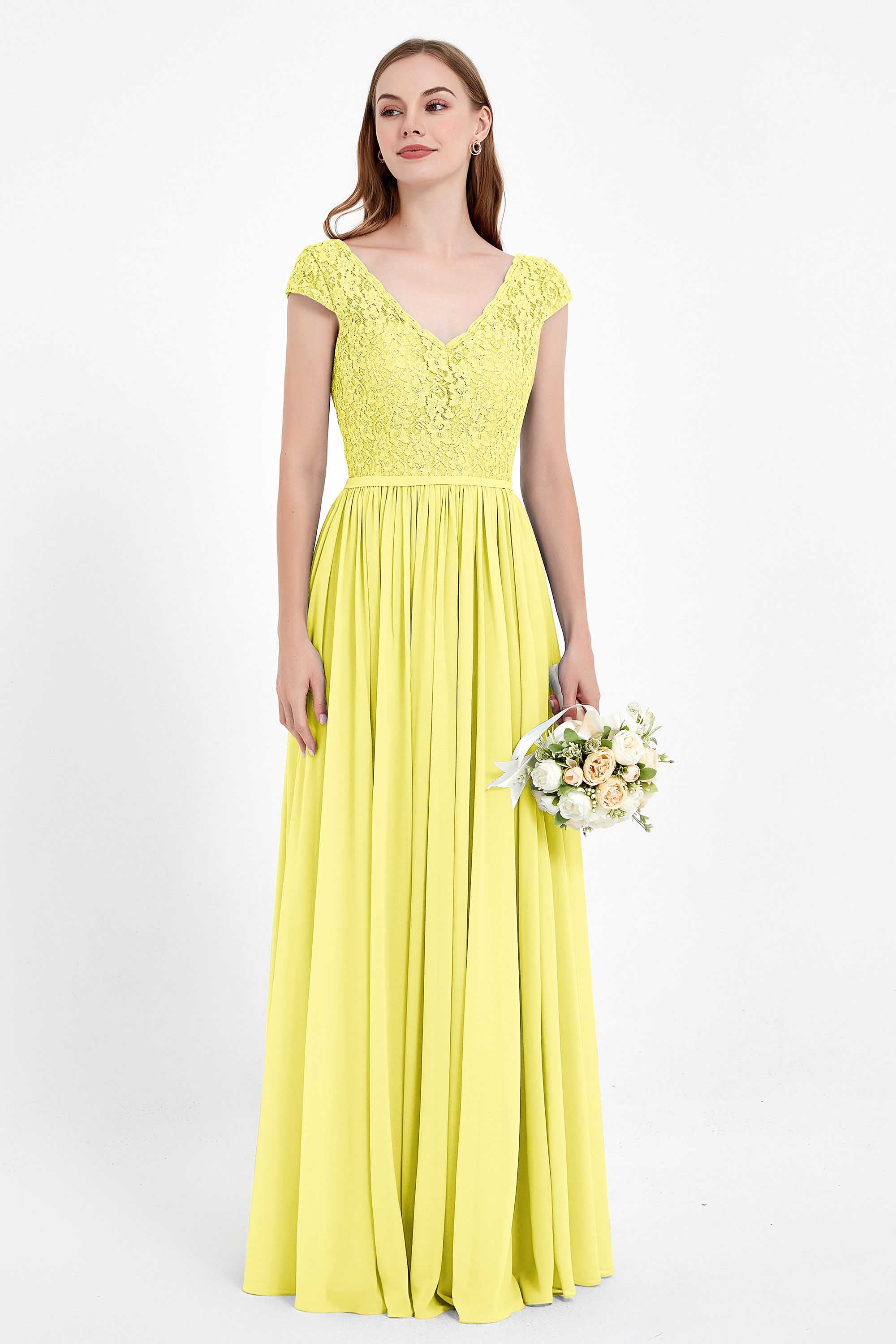 Cap Sleeves Ruched Chiffon Bridesmaid Dress Lace Formal Evening Party Dresses Gowns