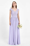 Cap Sleeves Ruched Chiffon Bridesmaid Dress Lace Formal Evening Party Dresses Gowns