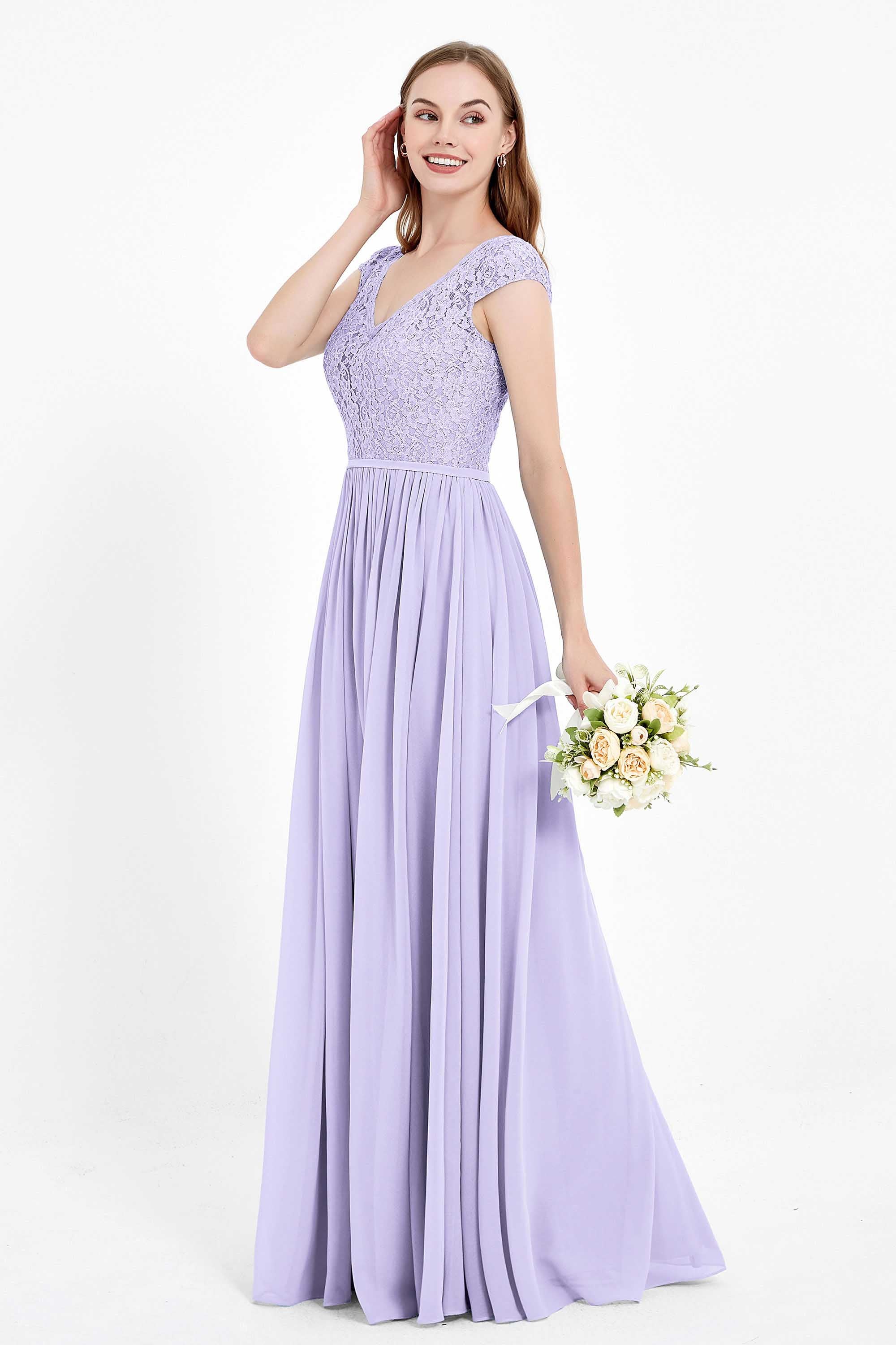 Cap Sleeves Ruched Chiffon Bridesmaid Dress Lace Formal Evening Party Dresses Gowns
