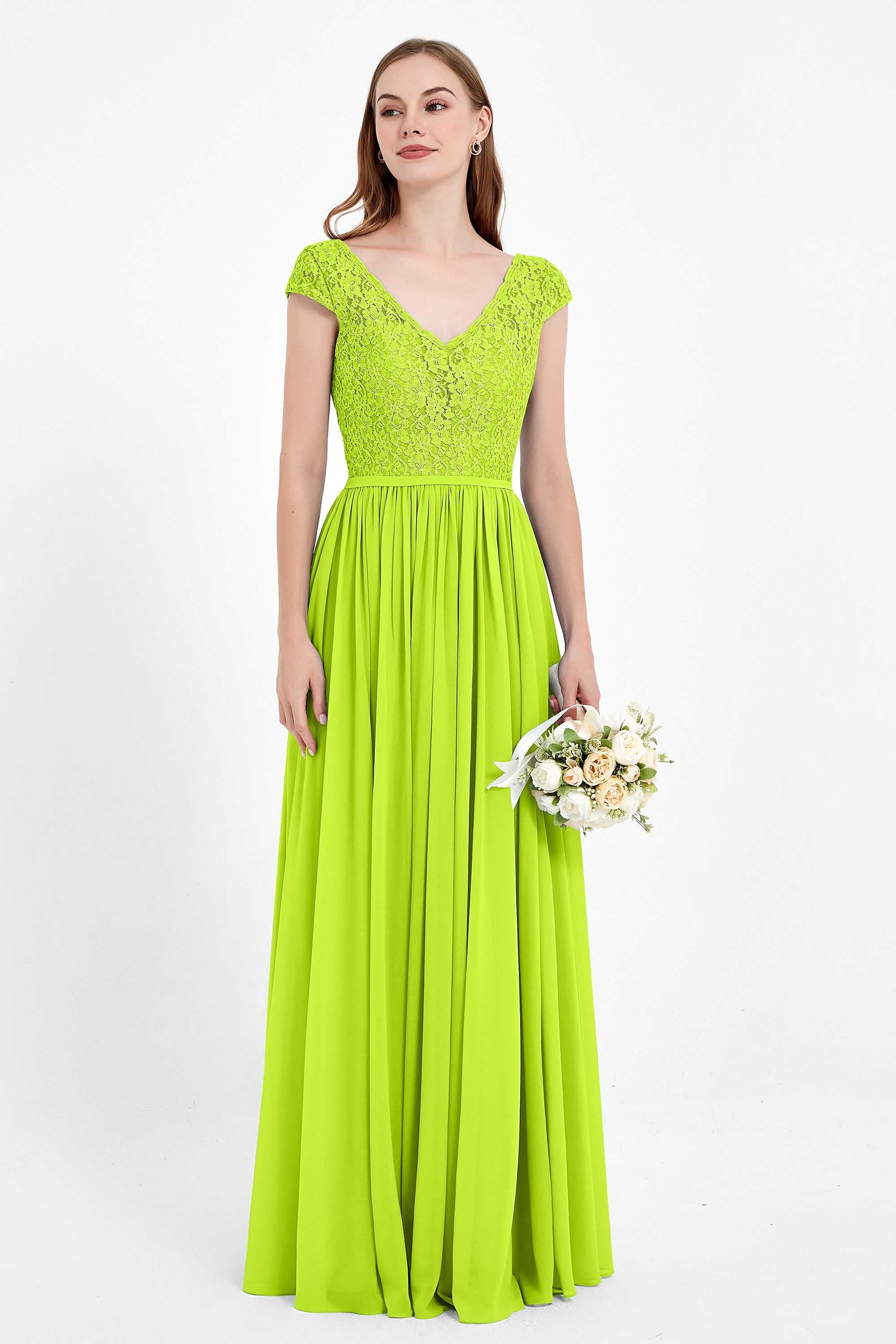 Cap Sleeves Ruched Chiffon Bridesmaid Dress Lace Formal Evening Party Dresses Gowns