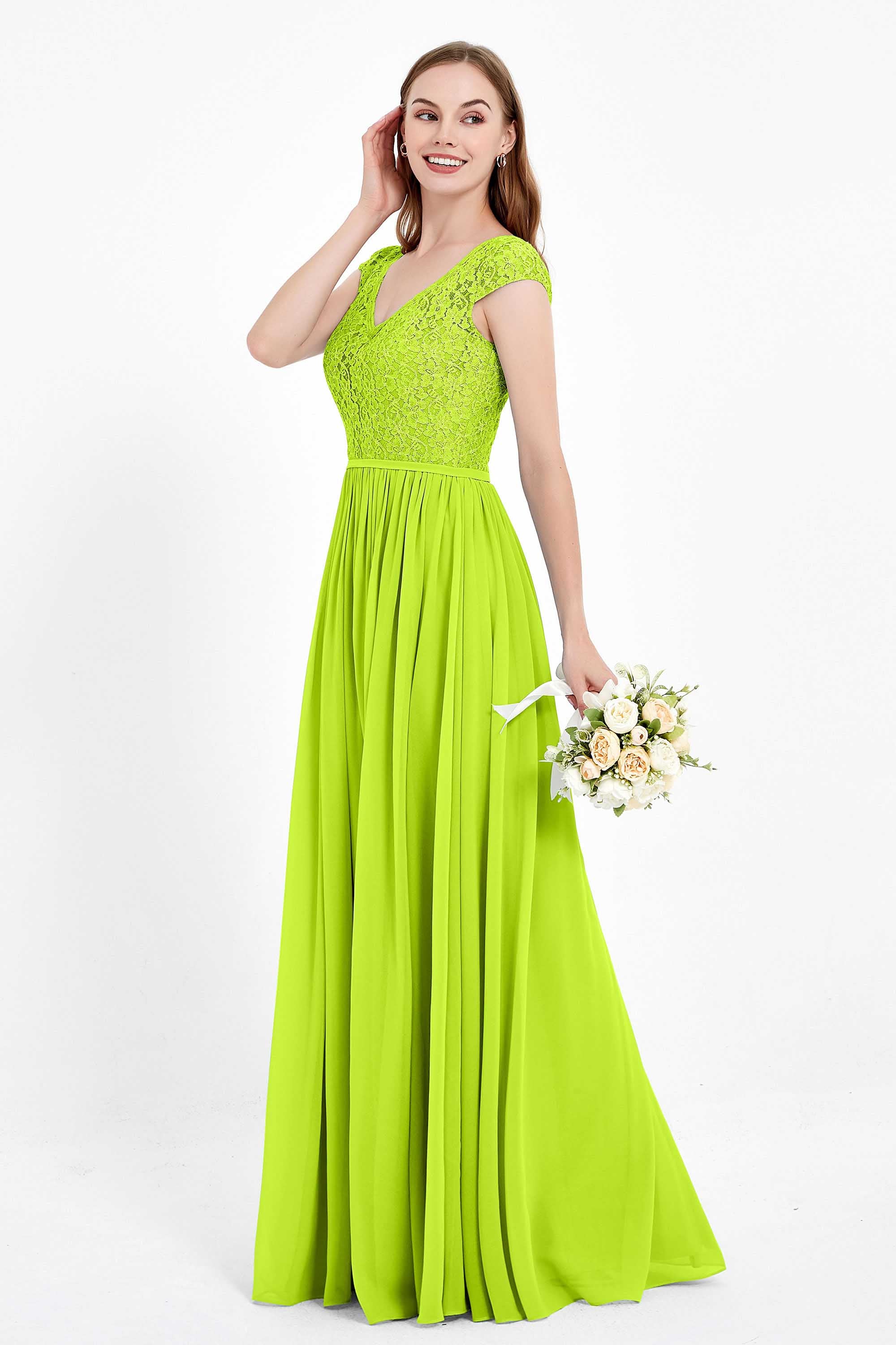 Cap Sleeves Ruched Chiffon Bridesmaid Dress Lace Formal Evening Party Dresses Gowns