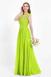 Cap Sleeves Ruched Chiffon Bridesmaid Dress Lace Formal Evening Party Dresses Gowns