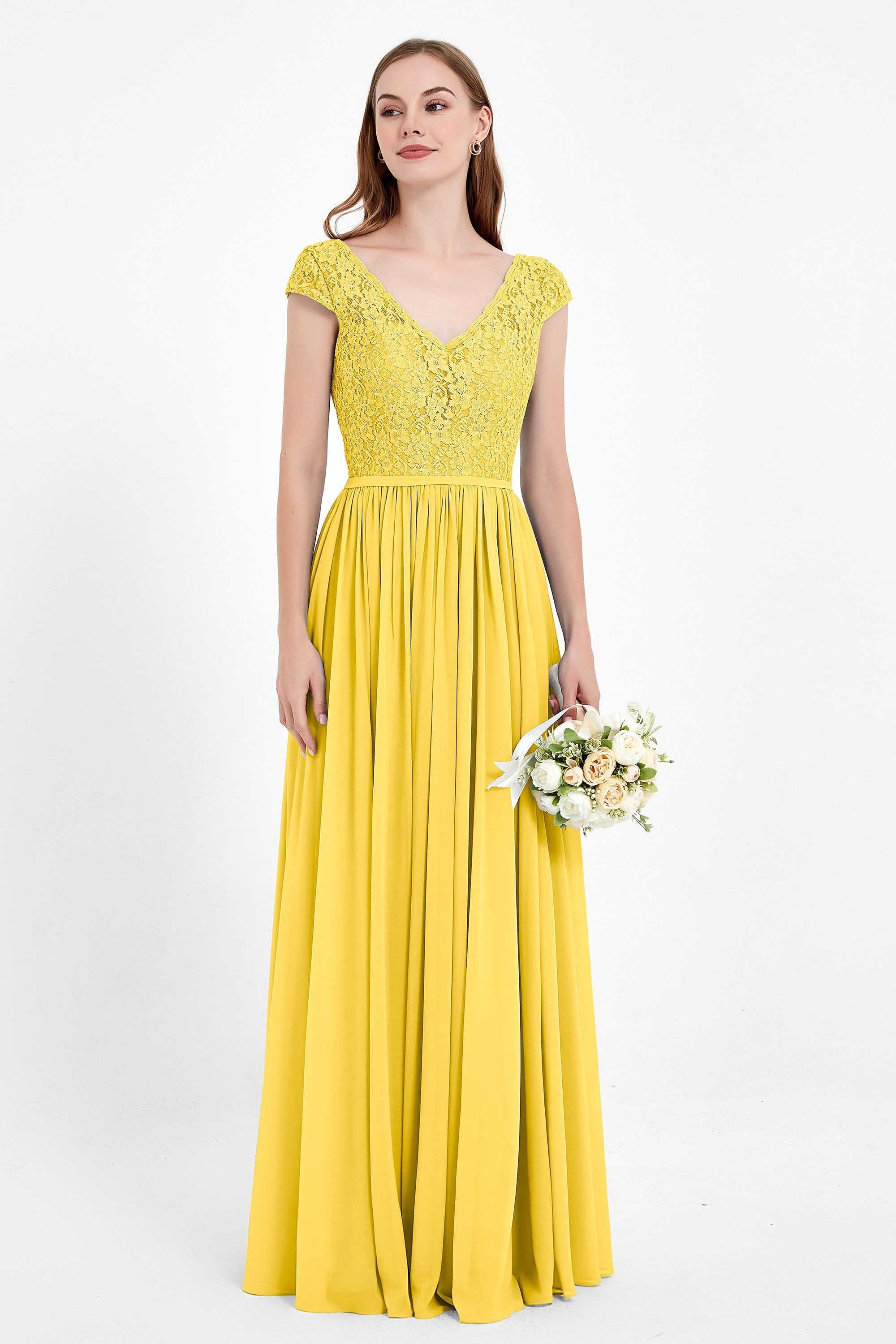 Cap Sleeves Ruched Chiffon Bridesmaid Dress Lace Formal Evening Party Dresses Gowns