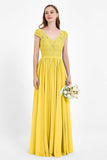 Cap Sleeves Ruched Chiffon Bridesmaid Dress Lace Formal Evening Party Dresses Gowns