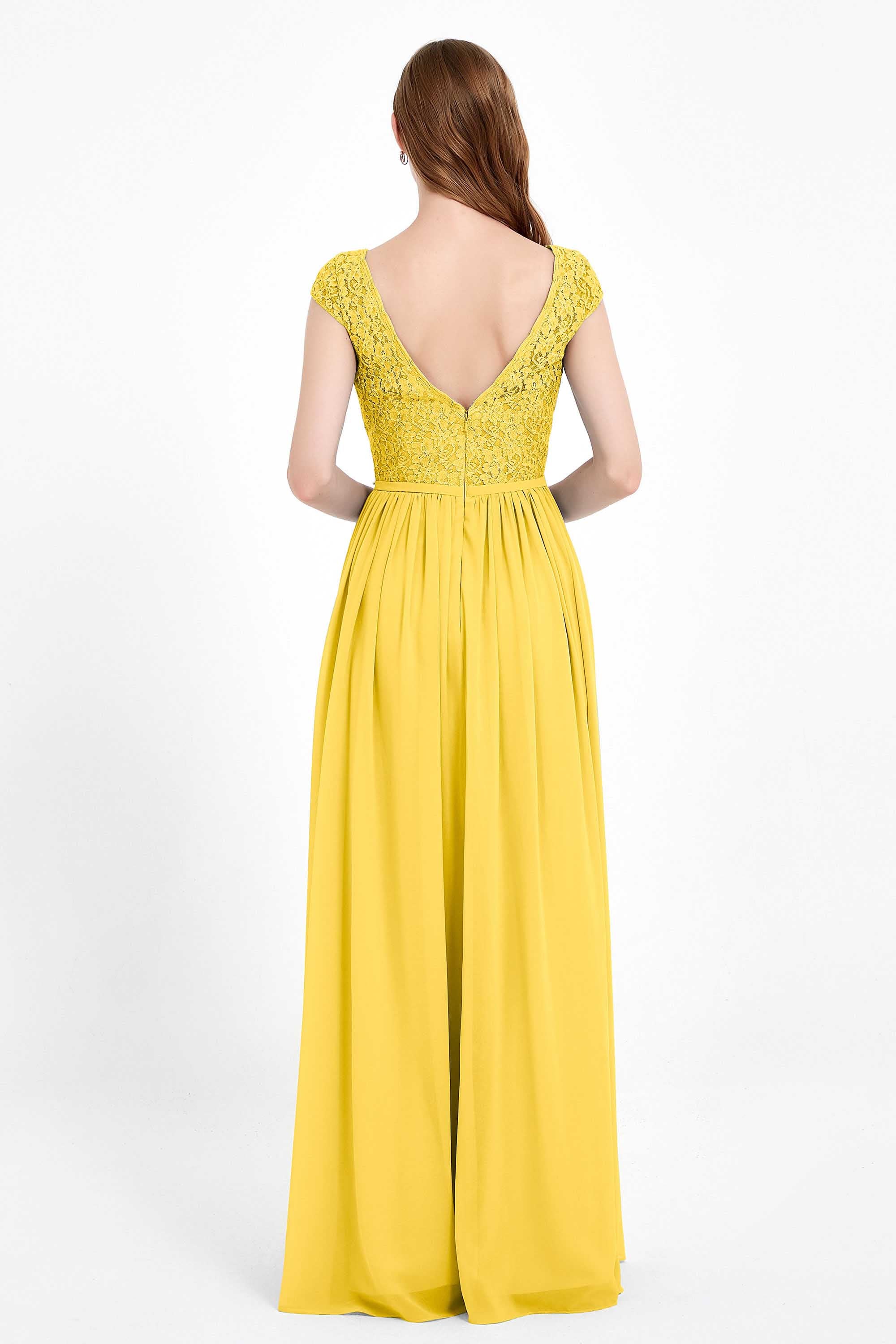 Cap Sleeves Ruched Chiffon Bridesmaid Dress Lace Formal Evening Party Dresses Gowns