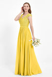 Cap Sleeves Ruched Chiffon Bridesmaid Dress Lace Formal Evening Party Dresses Gowns