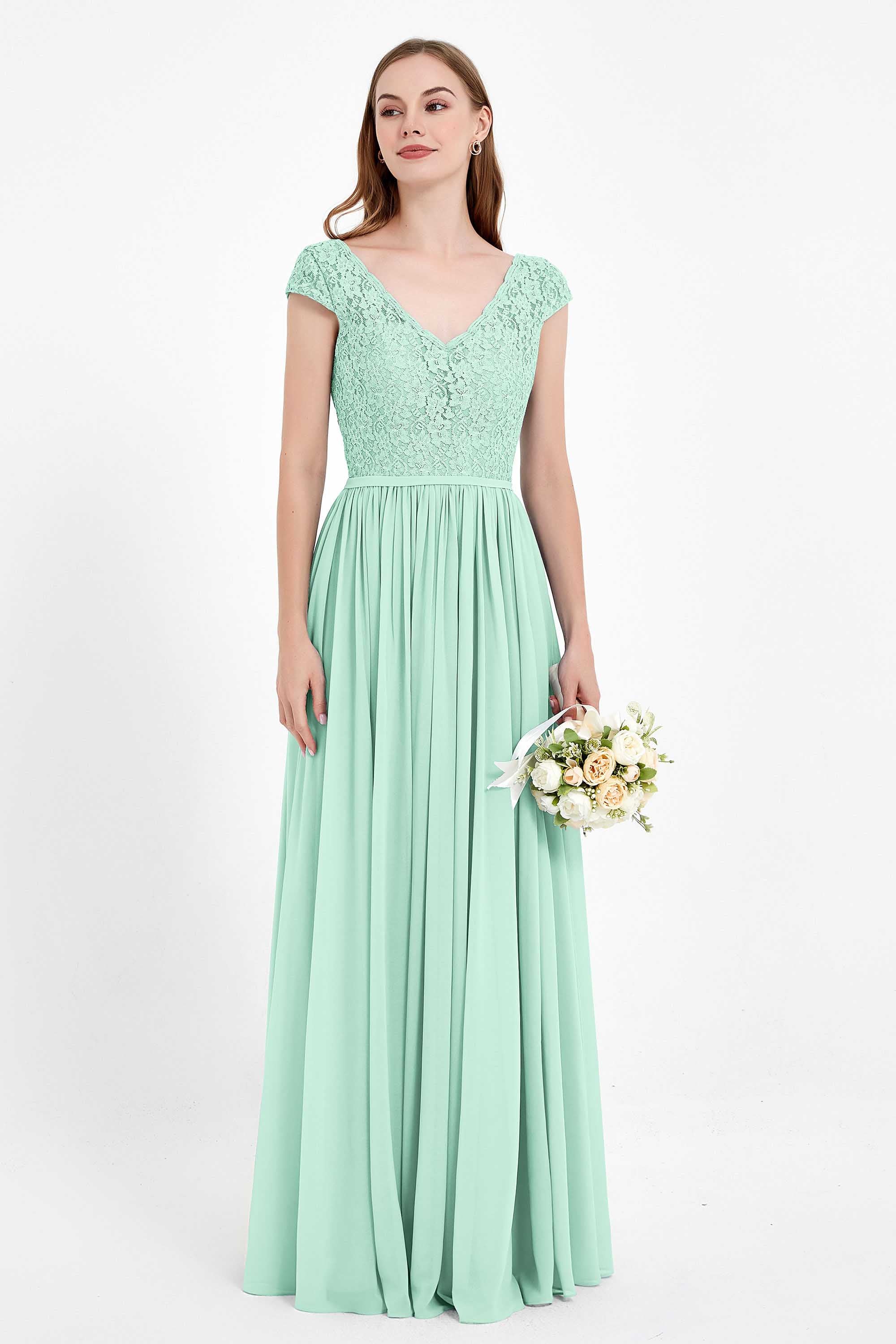 Cap Sleeves Ruched Chiffon Bridesmaid Dress Lace Formal Evening Party Dresses Gowns