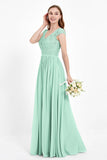Cap Sleeves Ruched Chiffon Bridesmaid Dress Lace Formal Evening Party Dresses Gowns