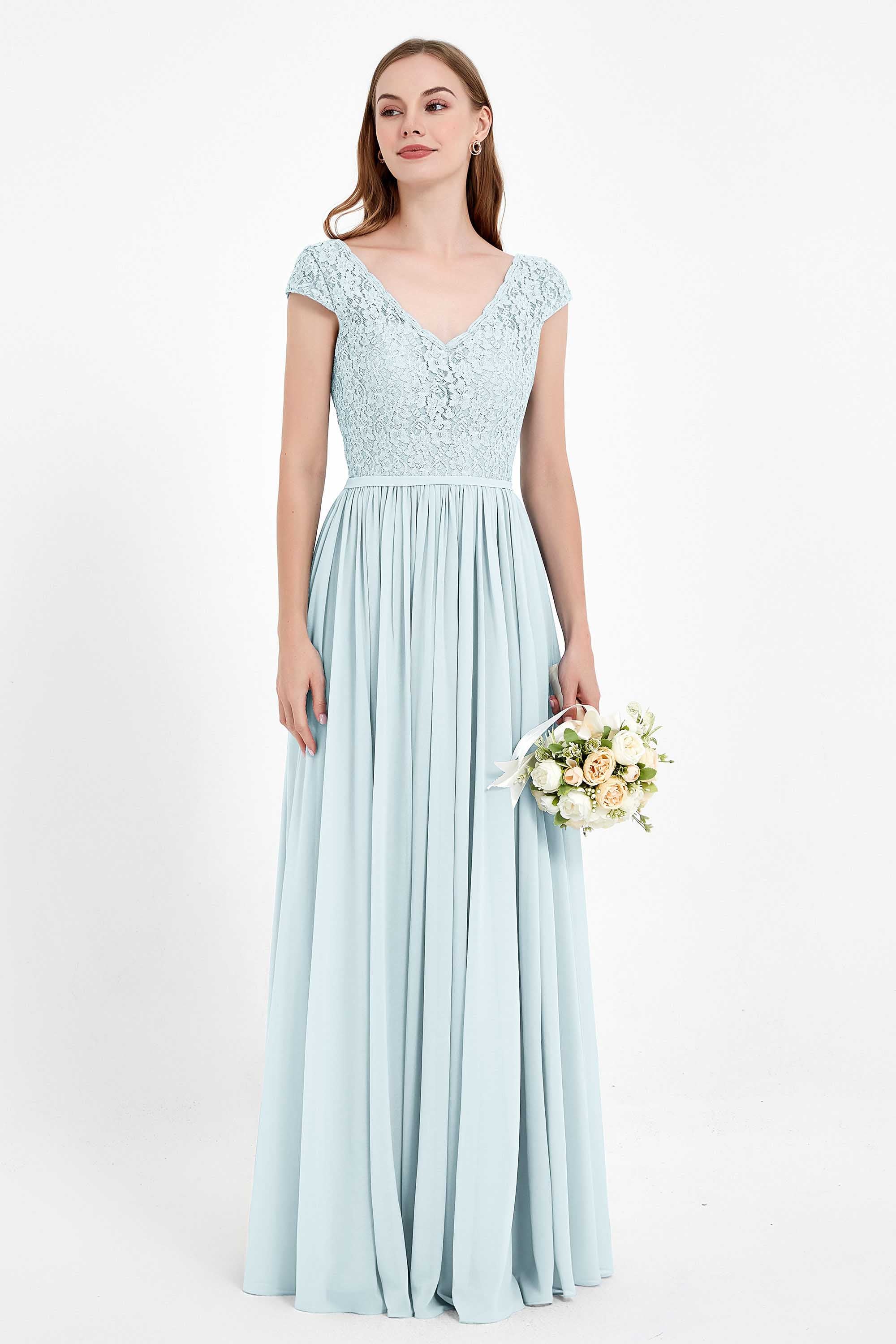 Cap Sleeves Ruched Chiffon Bridesmaid Dress Lace Formal Evening Party Dresses Gowns