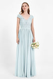 Cap Sleeves Ruched Chiffon Bridesmaid Dress Lace Formal Evening Party Dresses Gowns