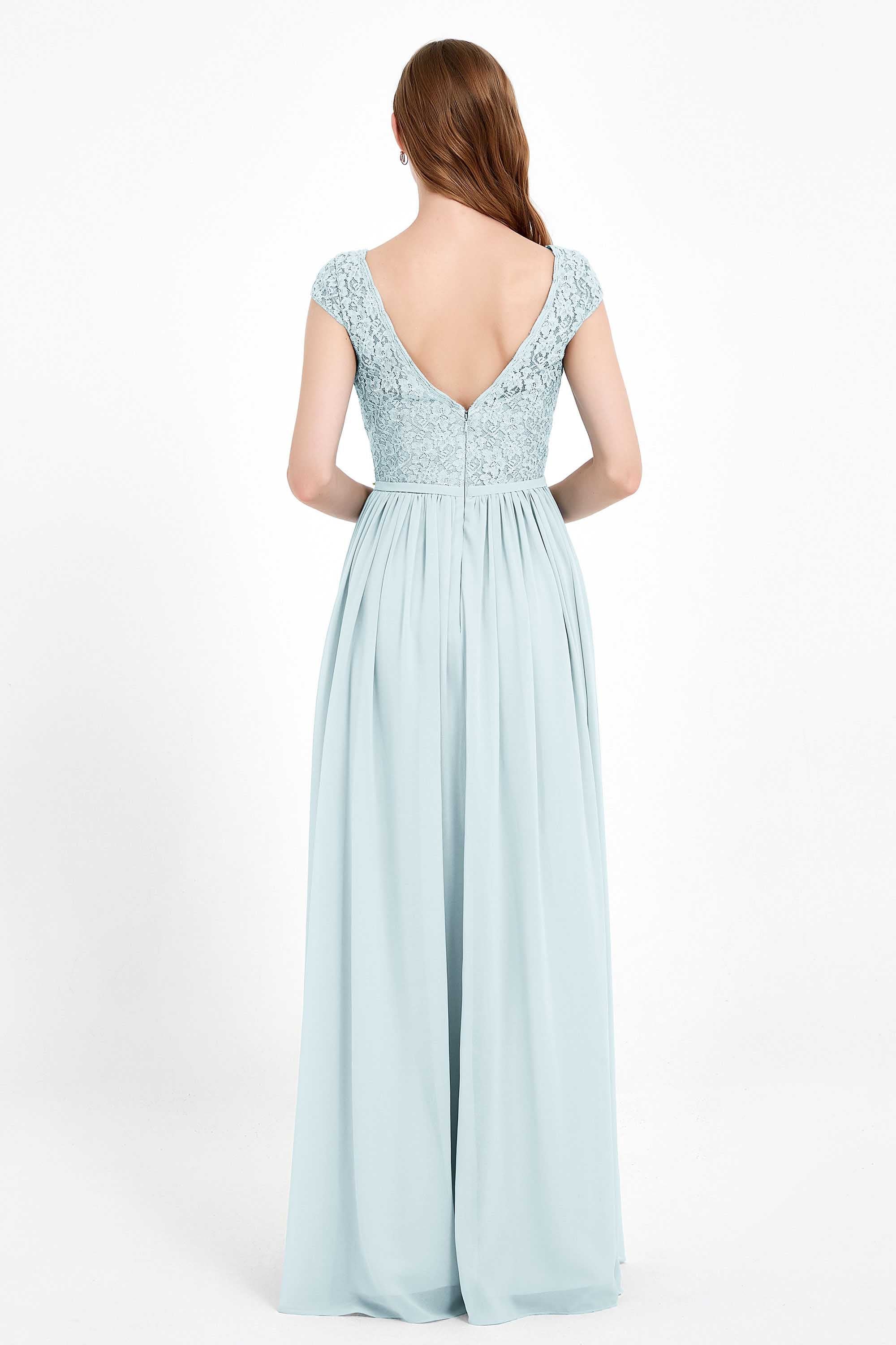 Cap Sleeves Ruched Chiffon Bridesmaid Dress Lace Formal Evening Party Dresses Gowns