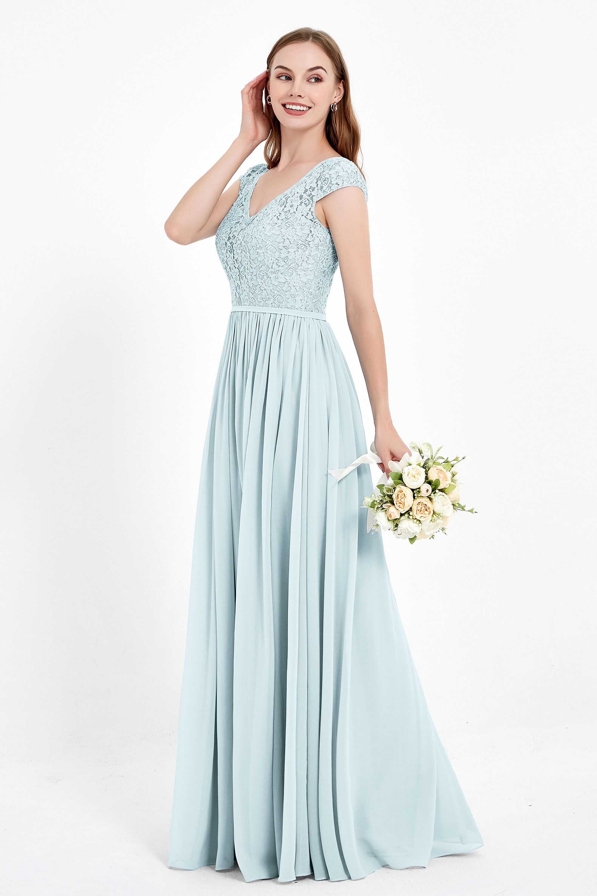 Cap Sleeves Ruched Chiffon Bridesmaid Dress Lace Formal Evening Party Dresses Gowns