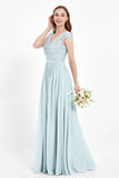 Cap Sleeves Ruched Chiffon Bridesmaid Dress Lace Formal Evening Party Dresses Gowns