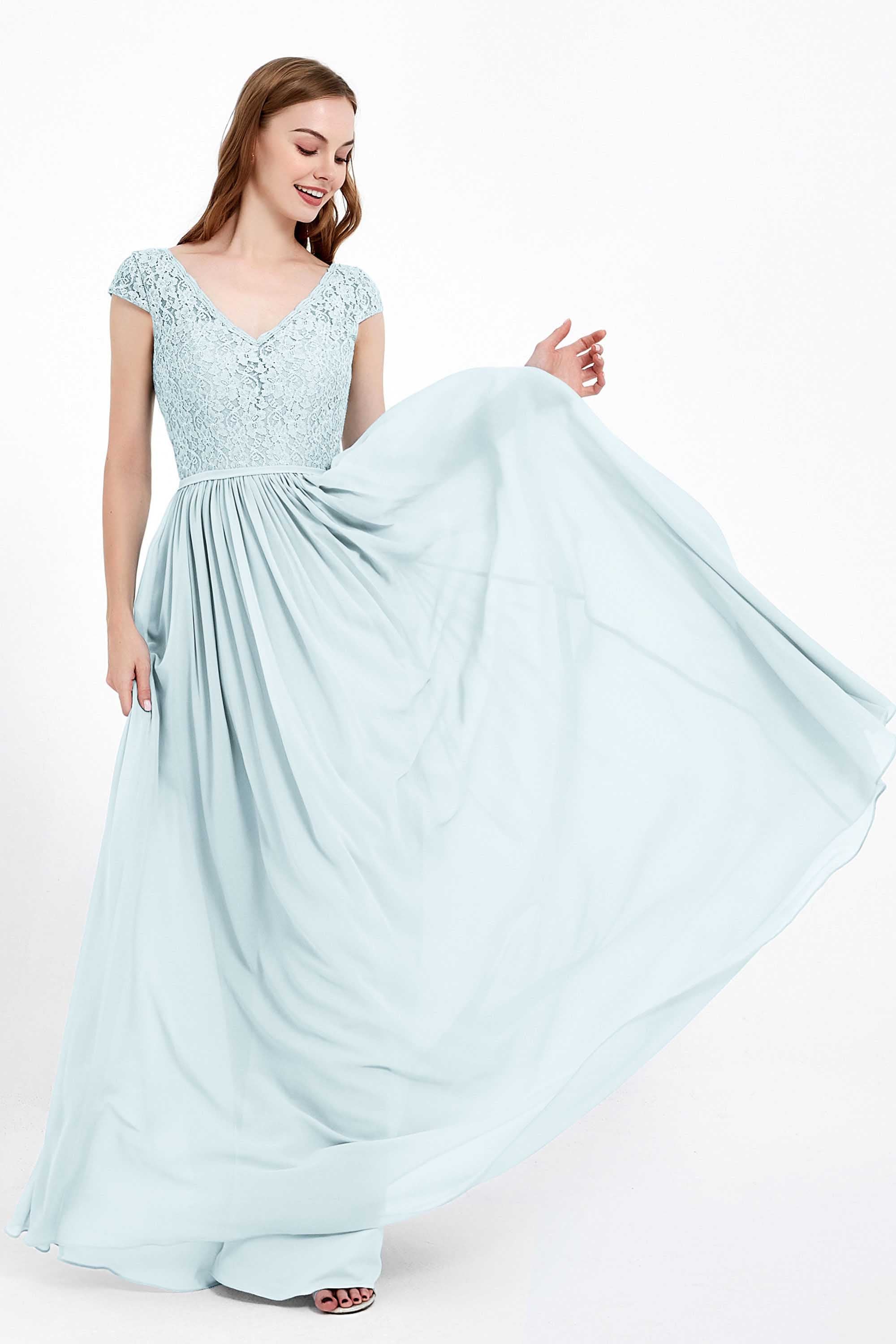 Cap Sleeves Ruched Chiffon Bridesmaid Dress Lace Formal Evening Party Dresses Gowns