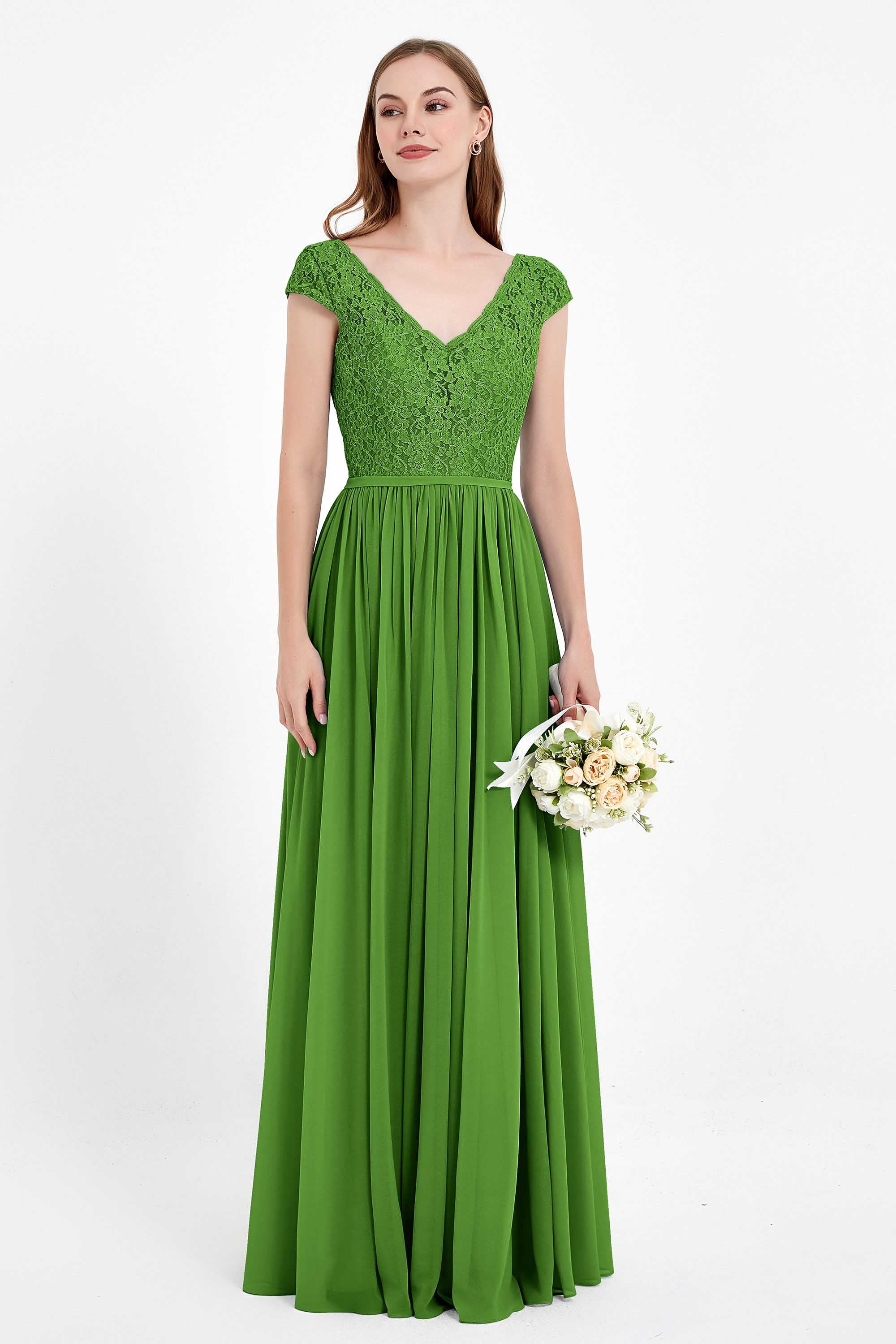 Cap Sleeves Ruched Chiffon Bridesmaid Dress Lace Formal Evening Party Dresses Gowns