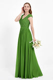 Cap Sleeves Ruched Chiffon Bridesmaid Dress Lace Formal Evening Party Dresses Gowns