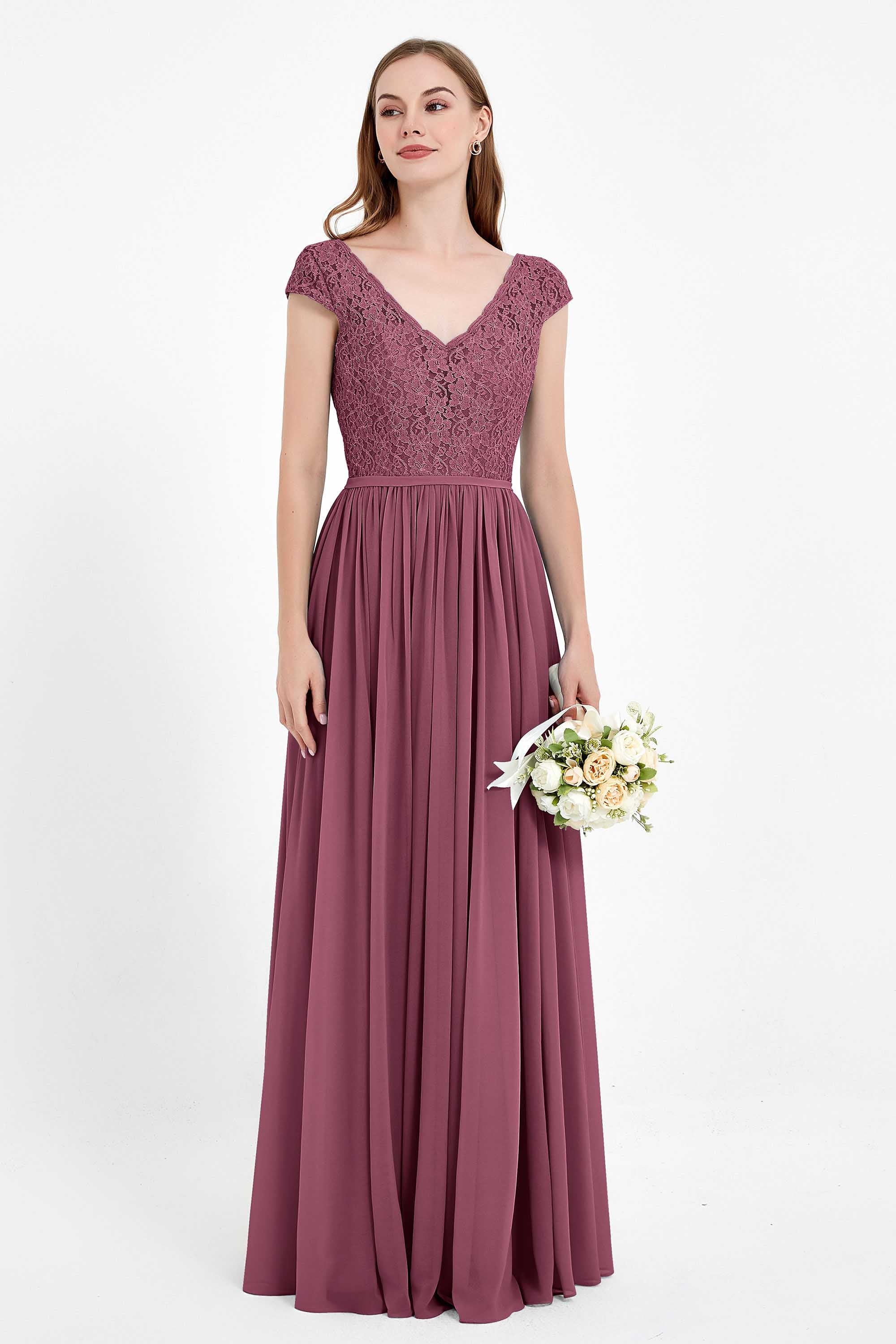 Cap Sleeves Ruched Chiffon Bridesmaid Dress Lace Formal Evening Party Dresses Gowns