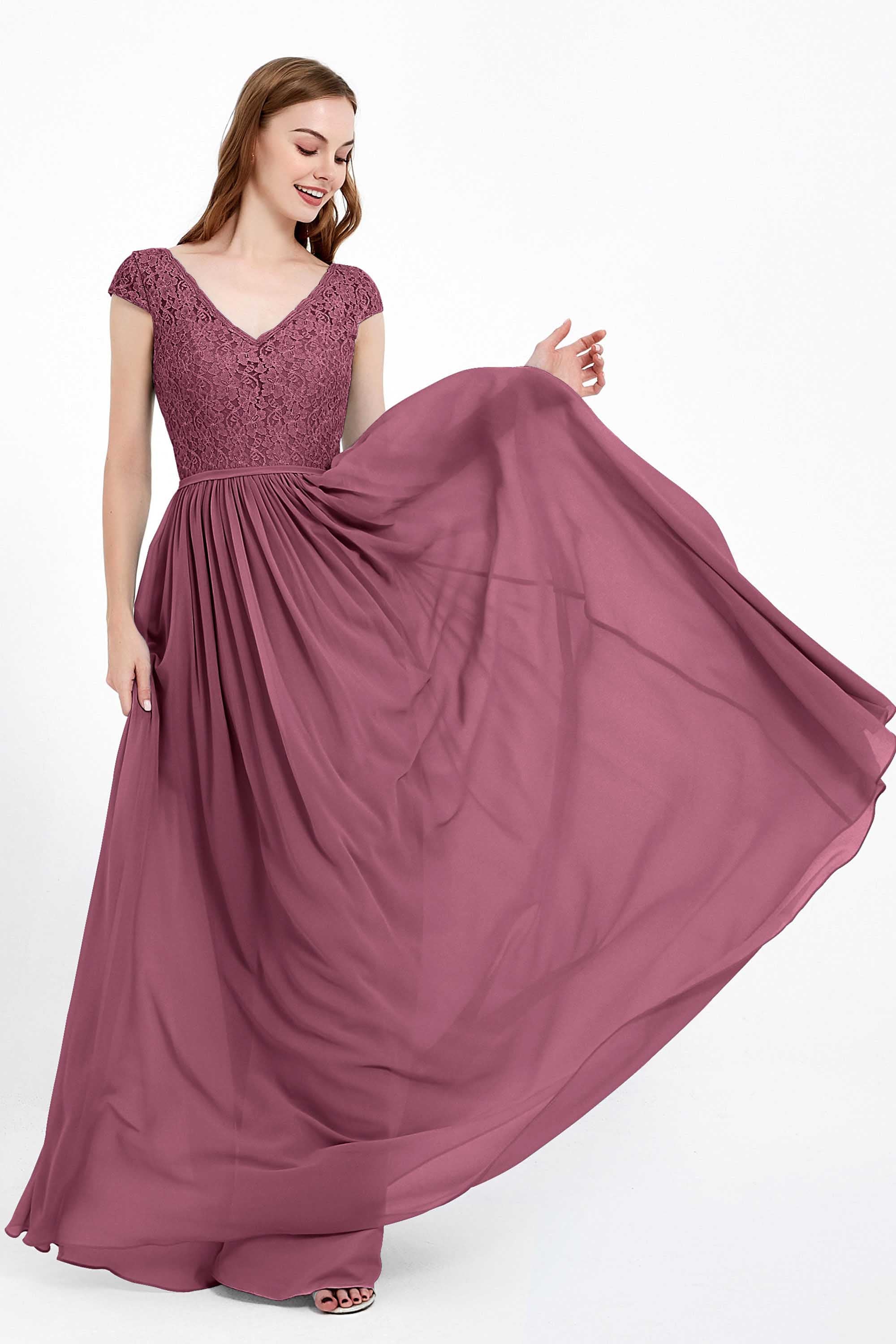 Cap Sleeves Ruched Chiffon Bridesmaid Dress Lace Formal Evening Party Dresses Gowns