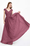 Cap Sleeves Ruched Chiffon Bridesmaid Dress Lace Formal Evening Party Dresses Gowns