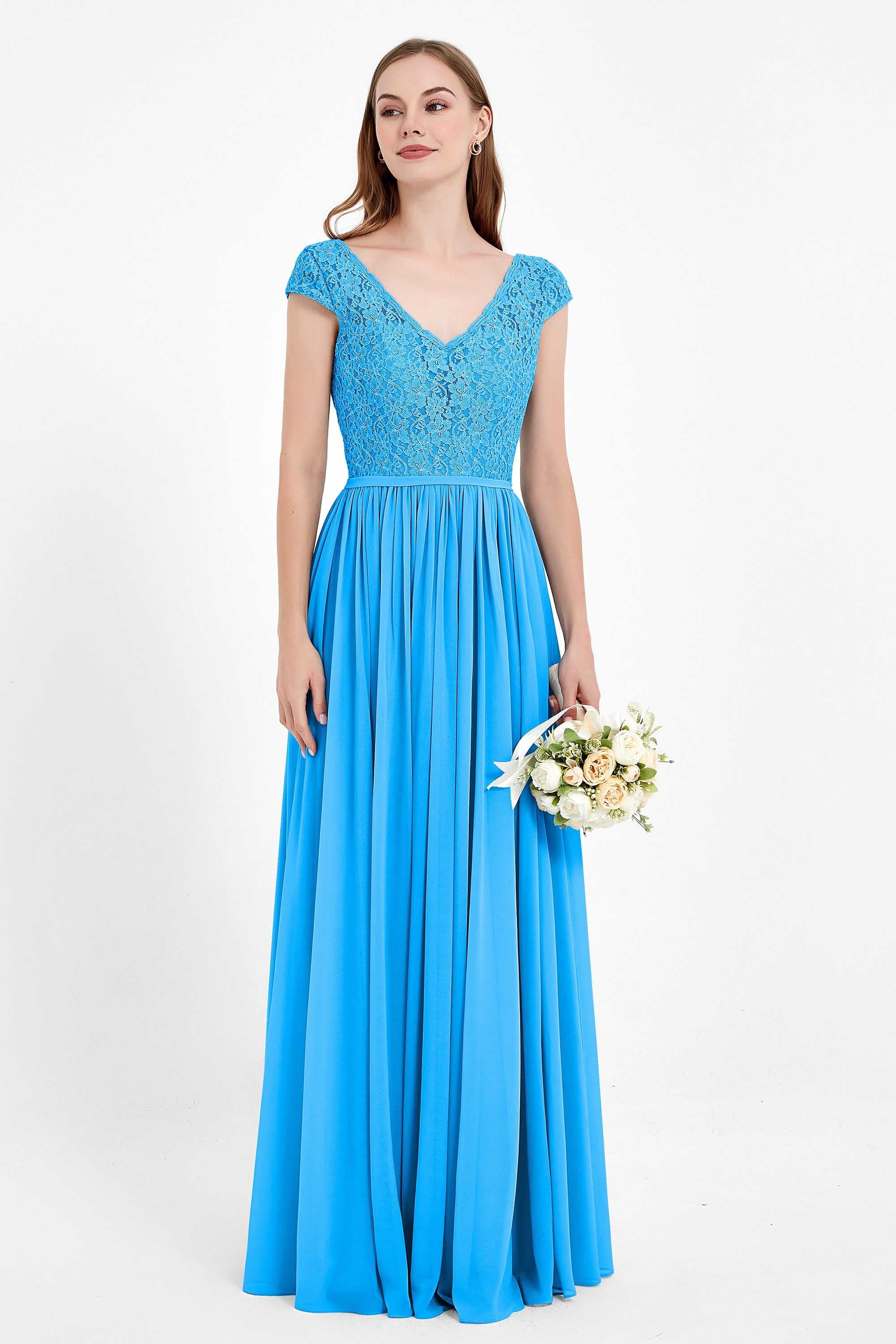 Cap Sleeves Ruched Chiffon Bridesmaid Dress Lace Formal Evening Party Dresses Gowns