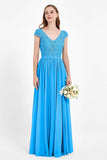 Cap Sleeves Ruched Chiffon Bridesmaid Dress Lace Formal Evening Party Dresses Gowns