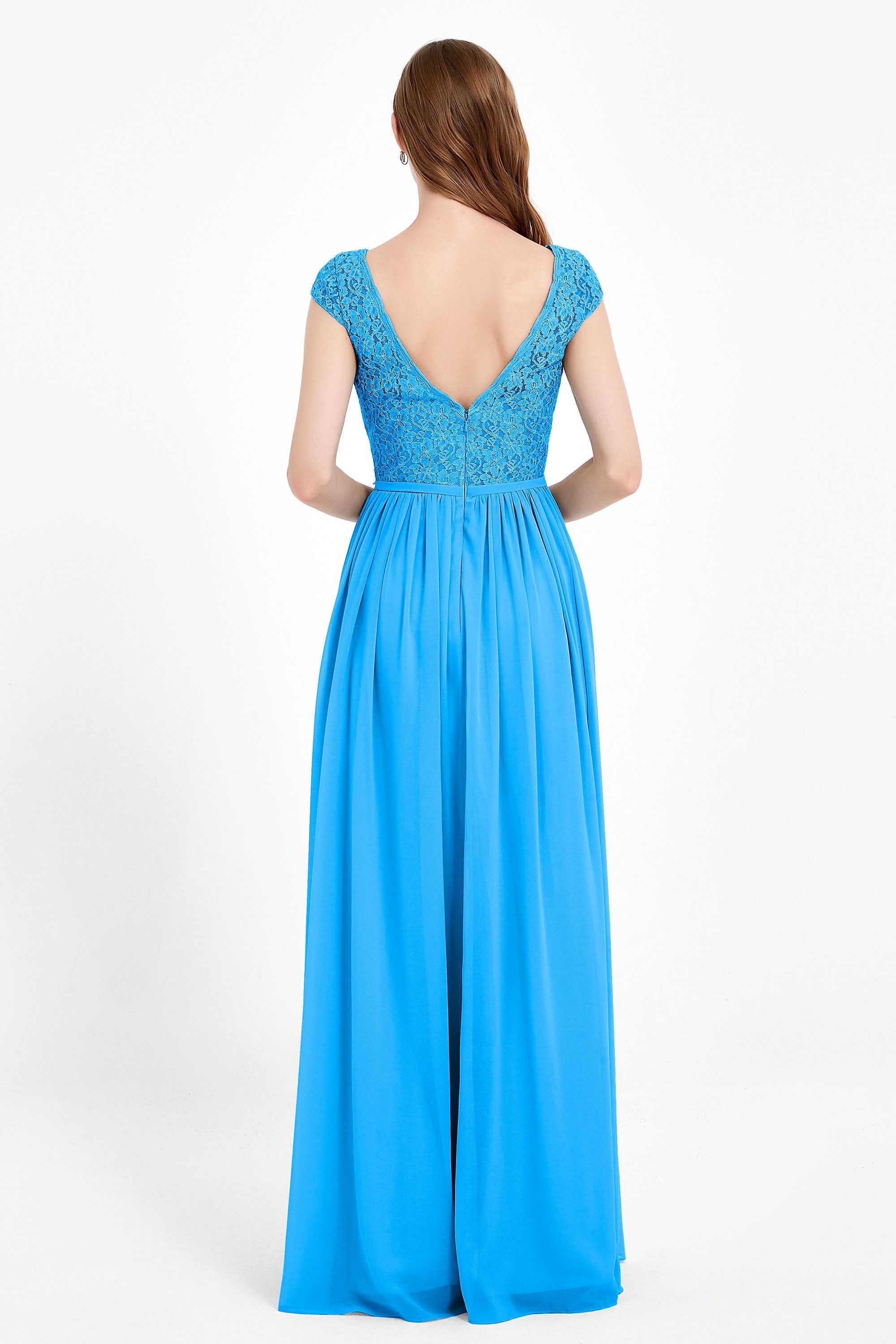 Cap Sleeves Ruched Chiffon Bridesmaid Dress Lace Formal Evening Party Dresses Gowns