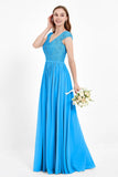 Cap Sleeves Ruched Chiffon Bridesmaid Dress Lace Formal Evening Party Dresses Gowns