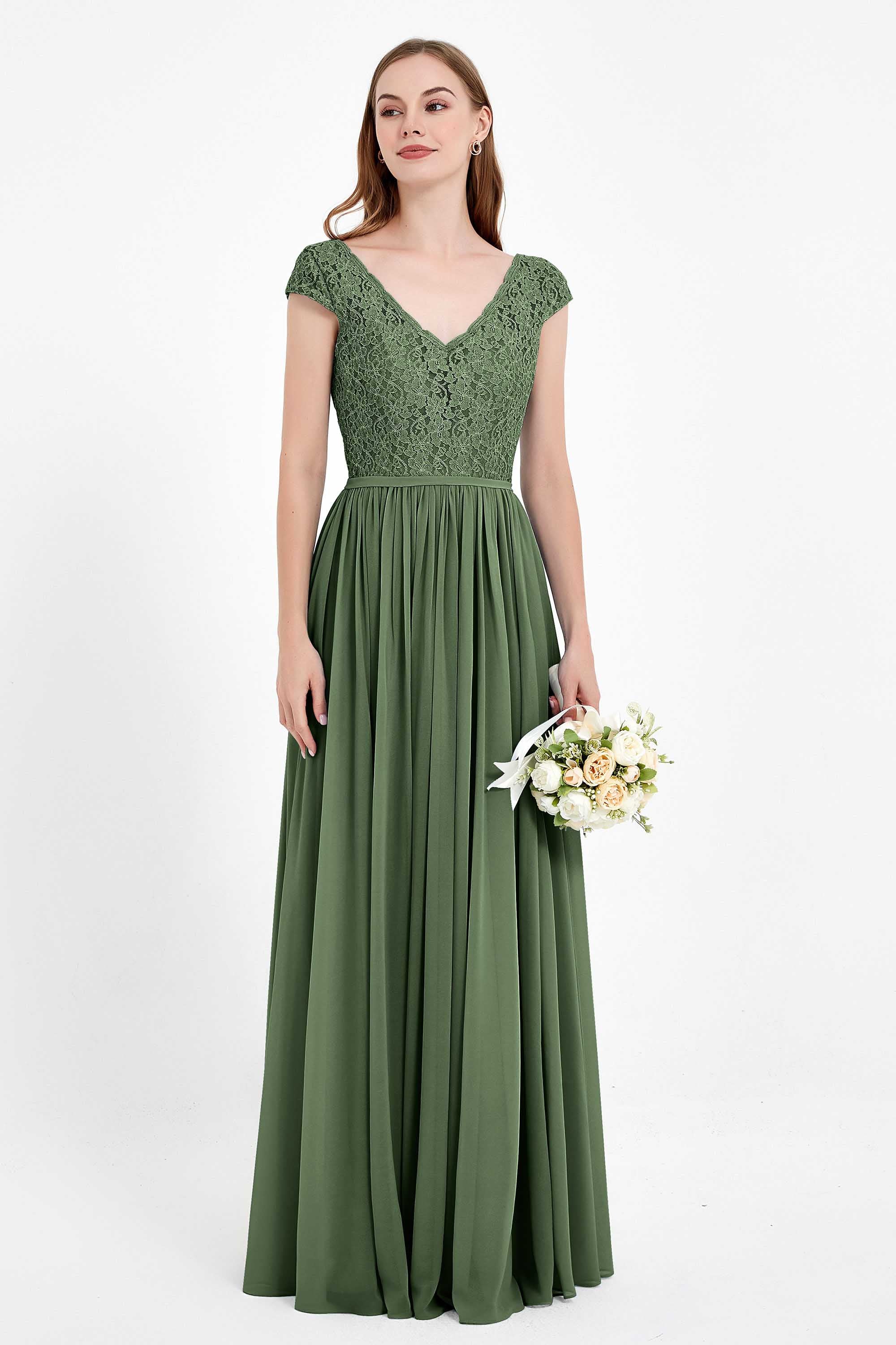 Cap Sleeves Ruched Chiffon Bridesmaid Dress Lace Formal Evening Party Dresses Gowns