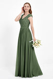 Cap Sleeves Ruched Chiffon Bridesmaid Dress Lace Formal Evening Party Dresses Gowns