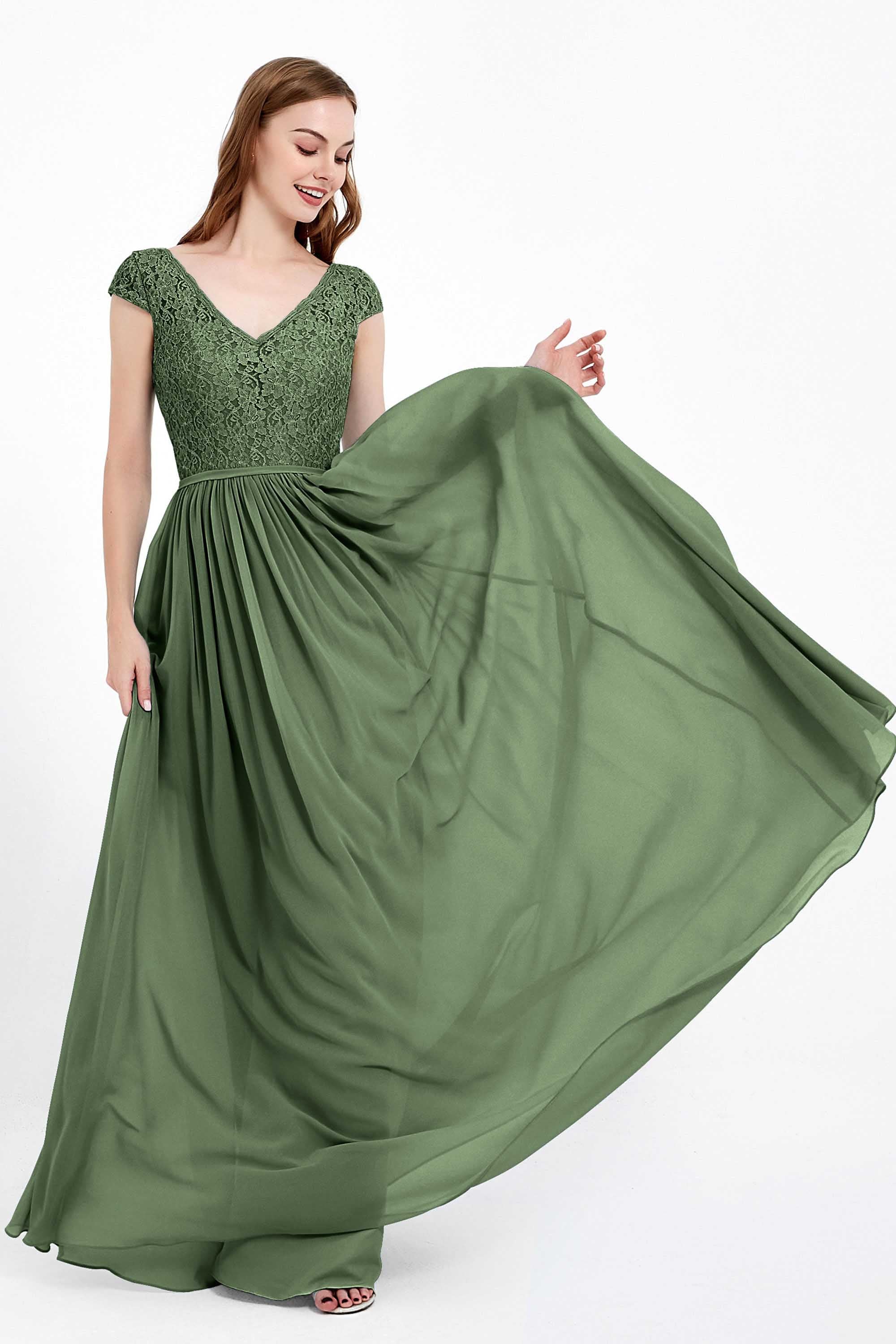Cap Sleeves Ruched Chiffon Bridesmaid Dress Lace Formal Evening Party Dresses Gowns
