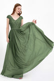 Cap Sleeves Ruched Chiffon Bridesmaid Dress Lace Formal Evening Party Dresses Gowns