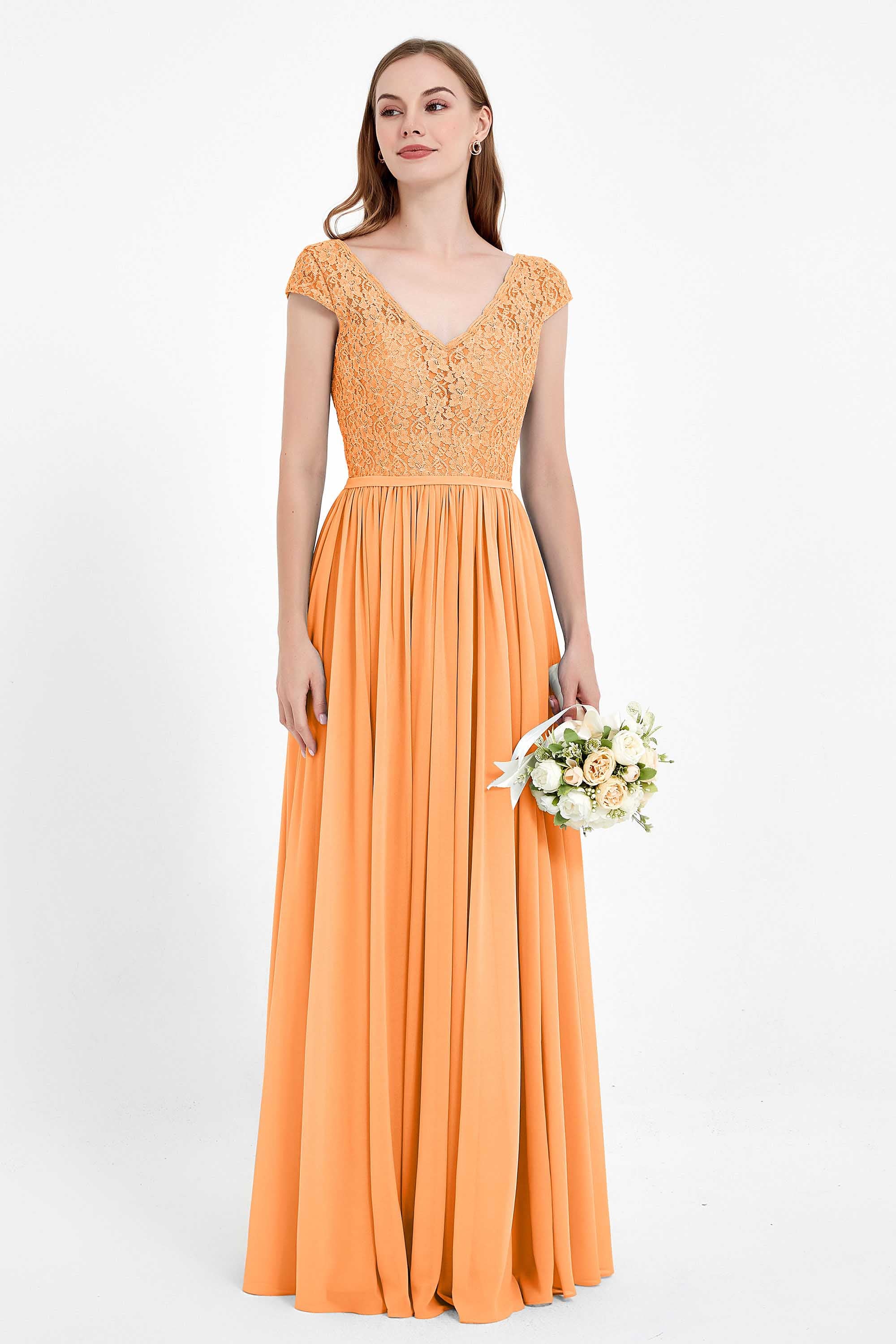 Cap Sleeves Ruched Chiffon Bridesmaid Dress Lace Formal Evening Party Dresses Gowns