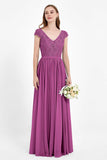 Cap Sleeves Ruched Chiffon Bridesmaid Dress Lace Formal Evening Party Dresses Gowns