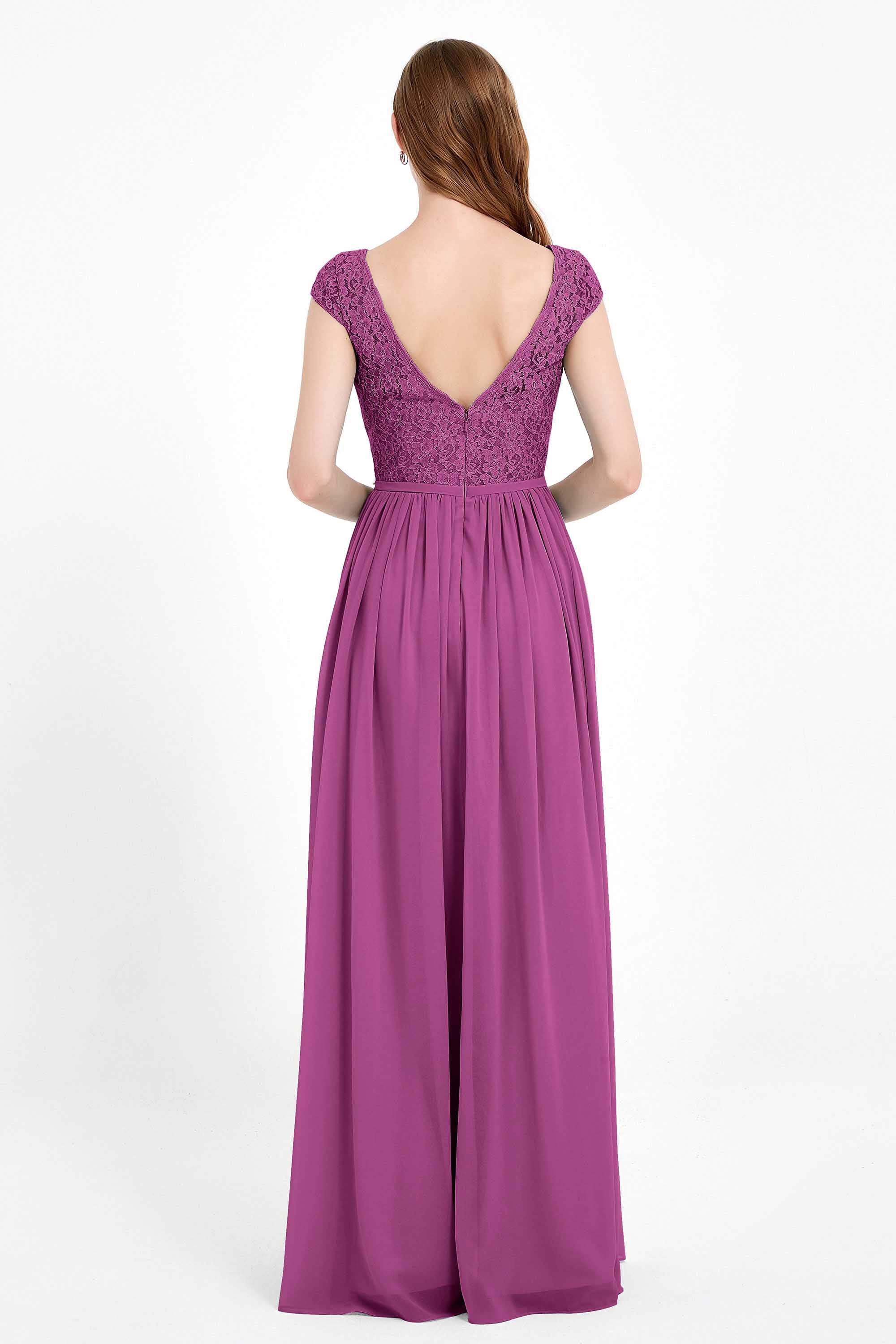 Cap Sleeves Ruched Chiffon Bridesmaid Dress Lace Formal Evening Party Dresses Gowns