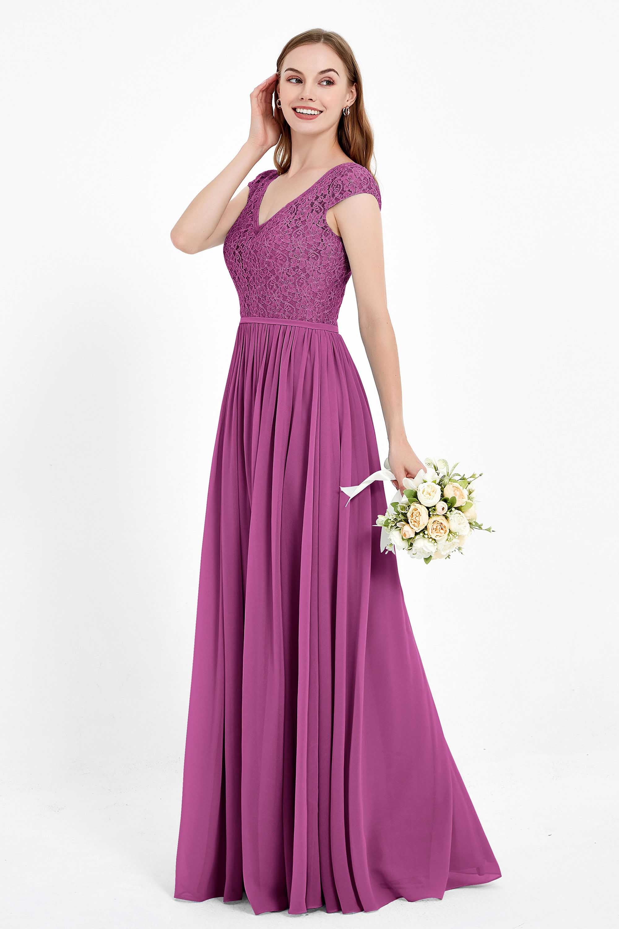 Cap Sleeves Ruched Chiffon Bridesmaid Dress Lace Formal Evening Party Dresses Gowns