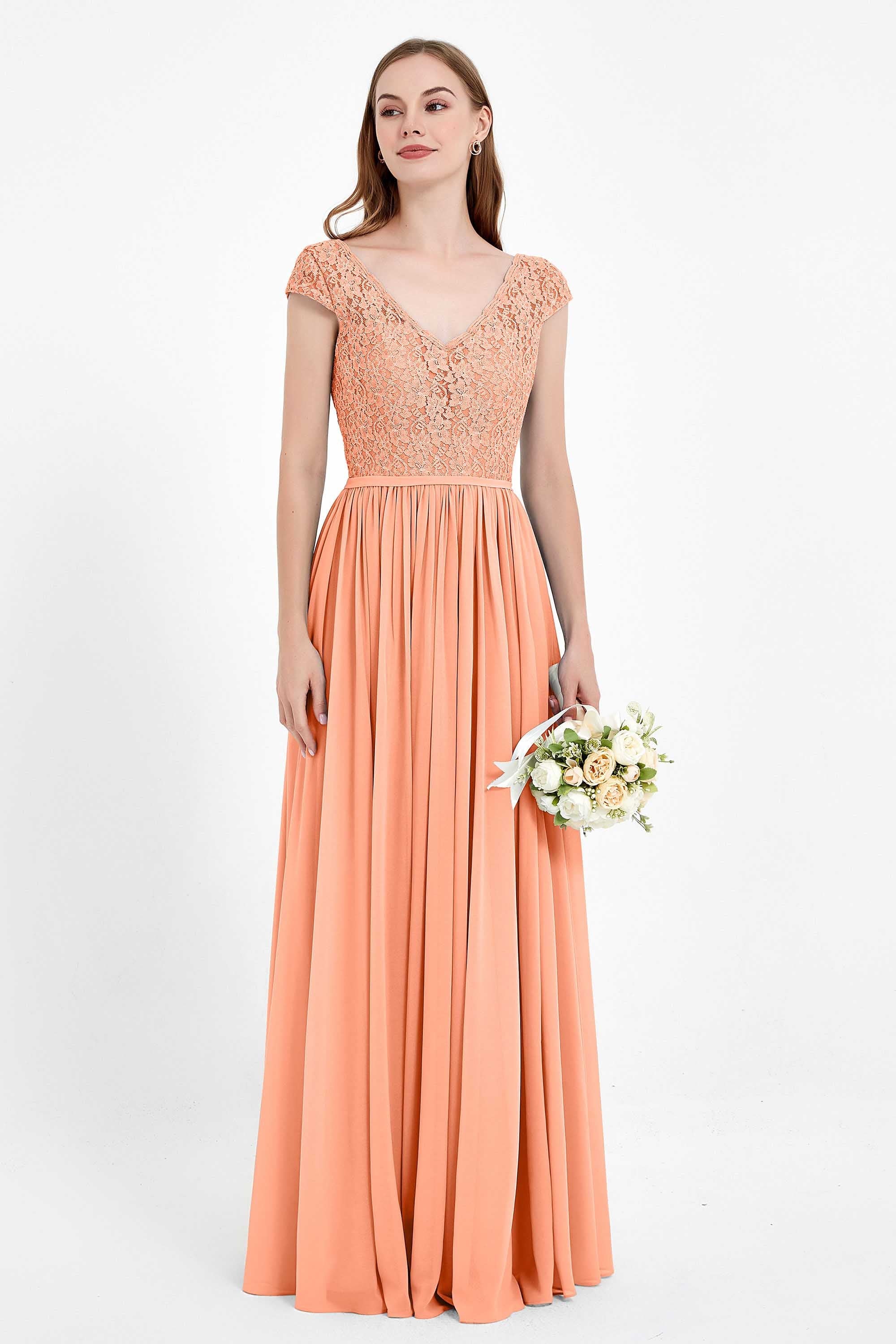 Cap Sleeves Ruched Chiffon Bridesmaid Dress Lace Formal Evening Party Dresses Gowns