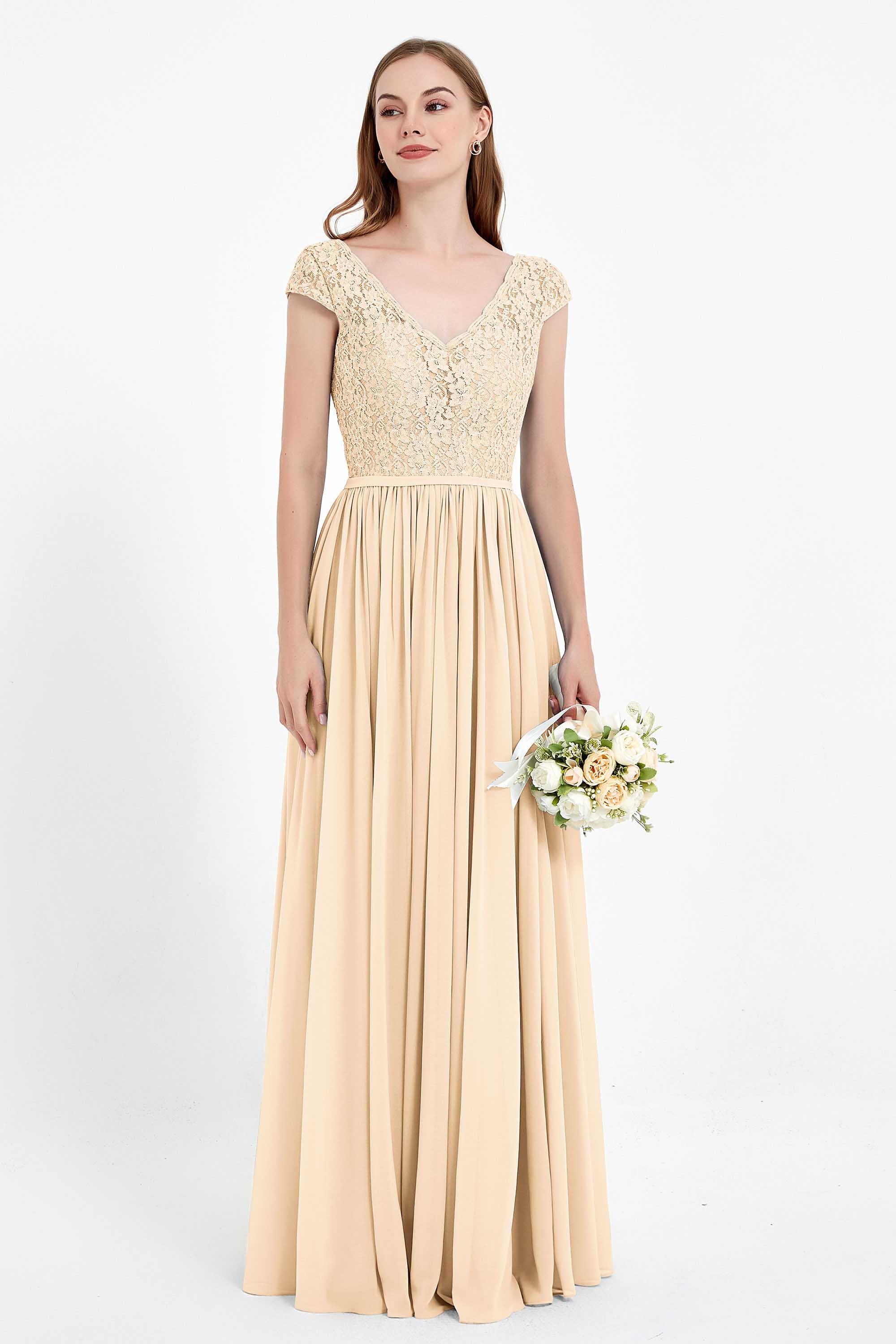 Cap Sleeves Ruched Chiffon Bridesmaid Dress Lace Formal Evening Party Dresses Gowns